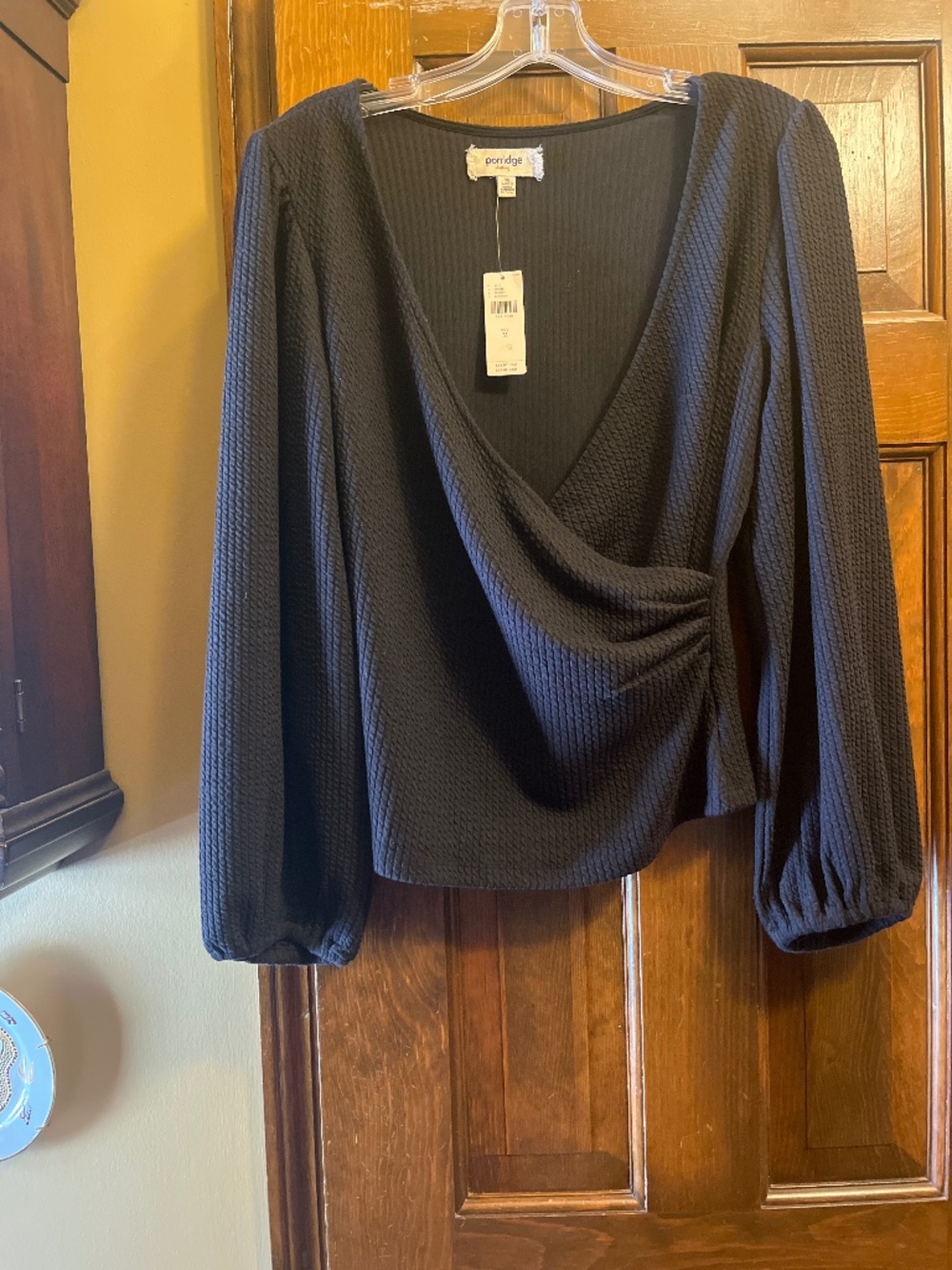 NWT Black Porridge Cross Front Top.  Long Sleeves.  Sz. M.